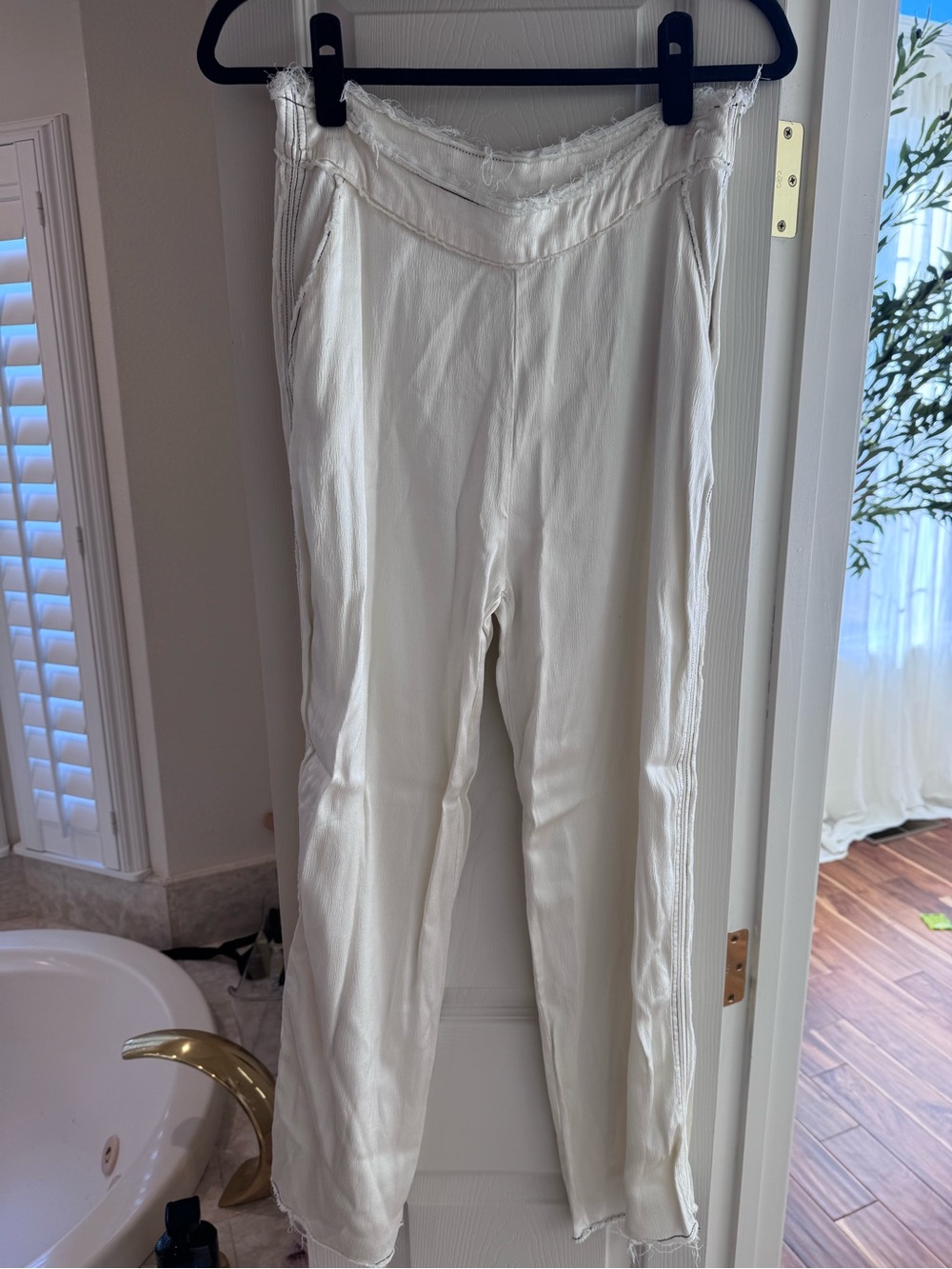 Zara Cream Wide-Leg satin trousers with Raw-Edge detailing